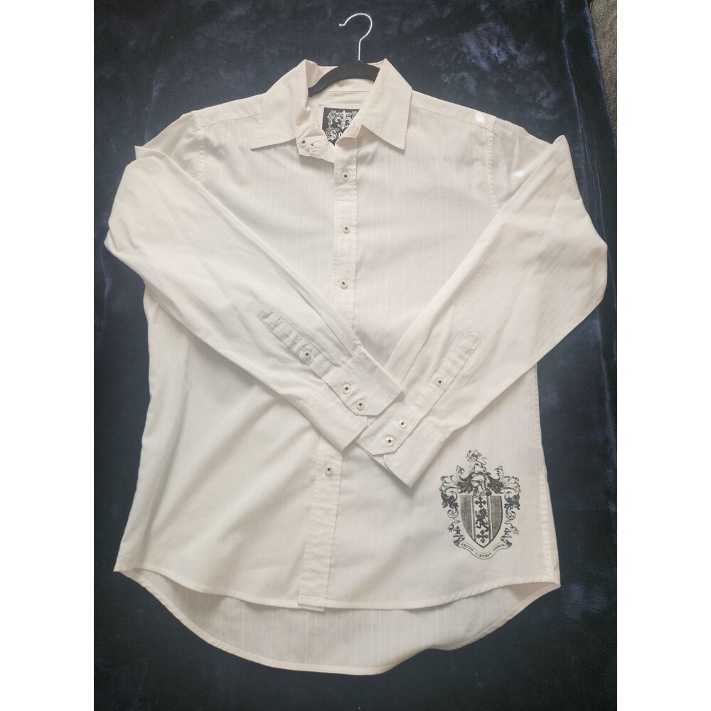 Source DNM Men's Medium White Graphic Button Front Shirt Fleur De Lis Wings